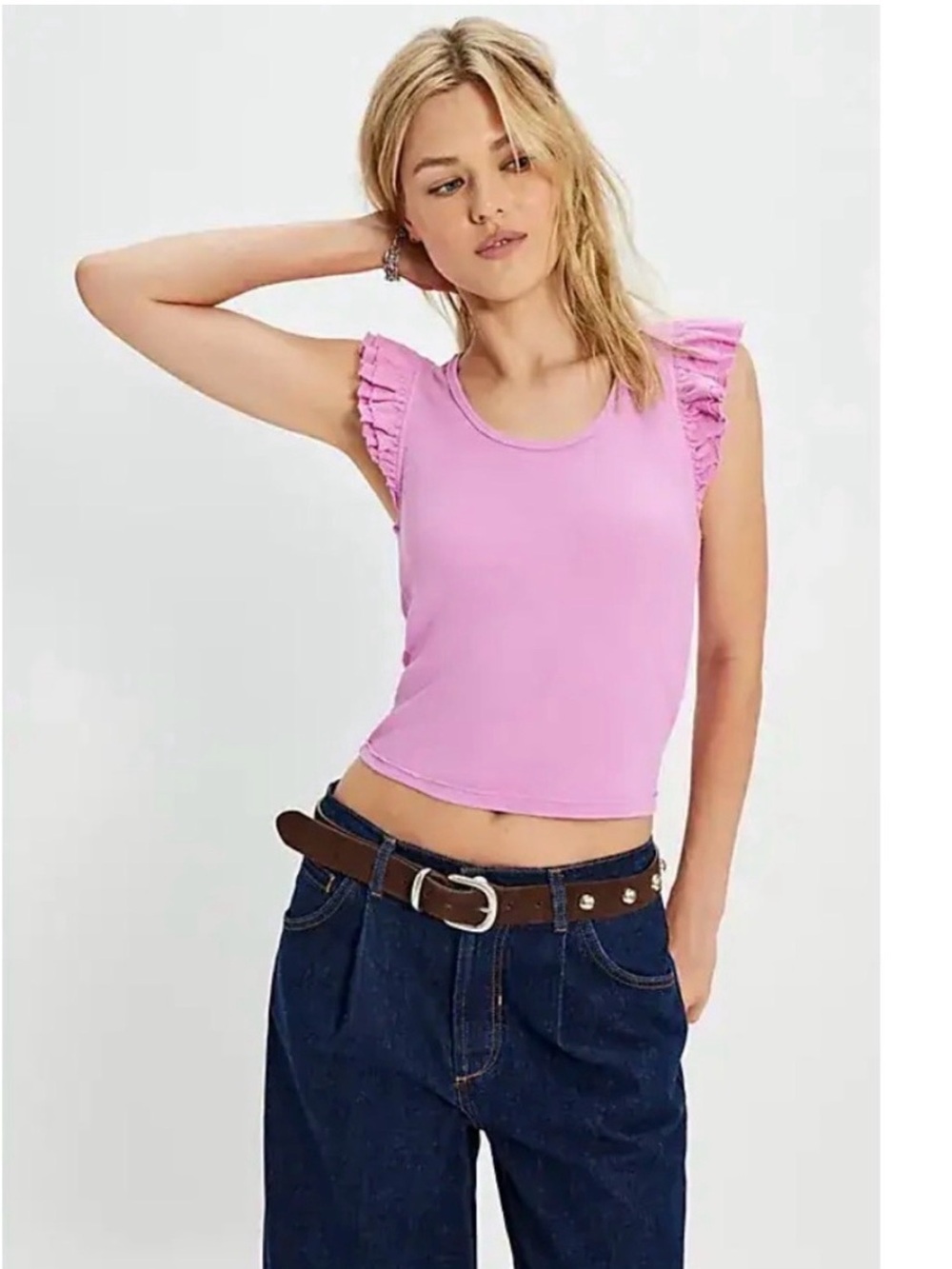 NWT Free people Jonny Tank.
Pink Lilac bouquet Ruffle Sleeve Ribbed Tank Size L